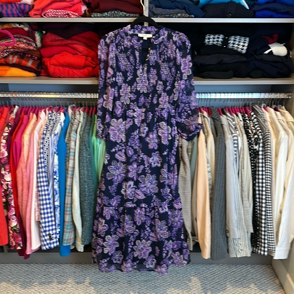 Loft purple/navy long semi sheer sleeve smocked lined dress size 00P